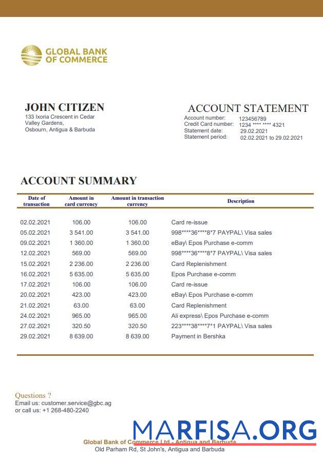 Blank Antigua and Barbuda Global Bank of Commerce bank statement excel example